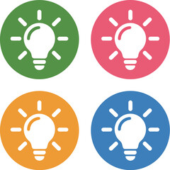 Four colorful circles with bright light bulb icons representing innovation and ideas
