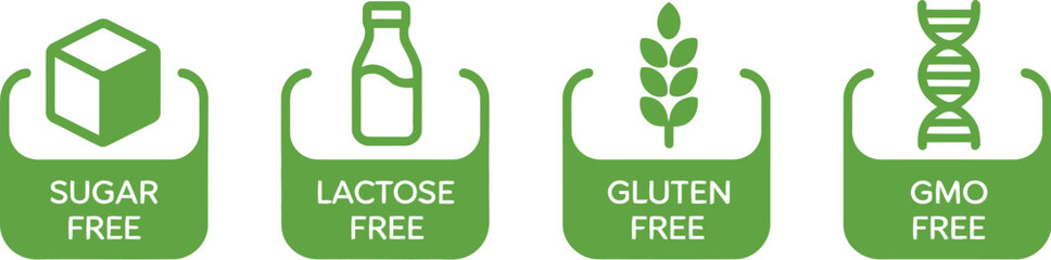 Four green icons representing sugar free lactose free gluten free and soy free food