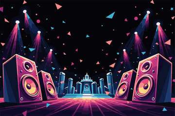  vibrant DJ setup scene featuring a central DJ mixer surrounded by tall speakers  