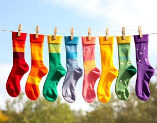 Colorful socks drying on a clothesline outdoors (2)