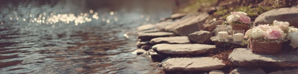 Authentic Sacred River Ritual Site with Stone Steps and Ceremonial Basket Premium Spiritual Lifestyle Content for Pilgrimage Marketing and Social Media Campaigns