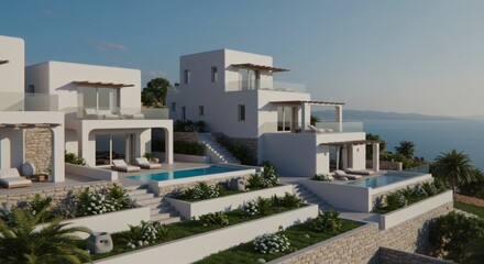 Modern white villas with infinity pools and sea views on a sunny Mediterranean coastline