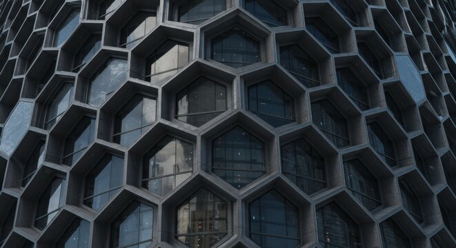 Modern Hexagonal Building Facade with Geometric Honeycomb Pattern and Reflective Windows - Powered by Adobe