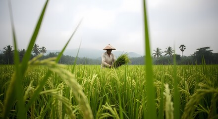 Farmer Harvesting Rice in Lush Green Paddy Field Under Cloudy Sky
