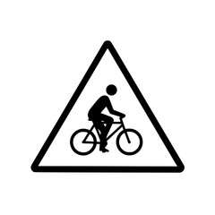 Cyclist Warning Sign: Simple Black and White Triangular Icon Graphic for Safety and Road Awareness.