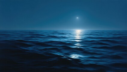 Obraz premium Serene nightscape depicting a dark, deep ocean under a twilight sky, subtly lit by a distant moon and its reflection shimmering on the water's surface, creating a peaceful and mysterious atmosphere