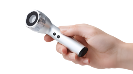 A hand holding a silver dermatoscope with black buttons and a black lens on a black background