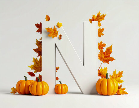 A bright and colorful image created using 3D rendering. In the center of the composition is a large white letter "N" decorated with orange and yellow maple leaves. At the base of the letter are severa