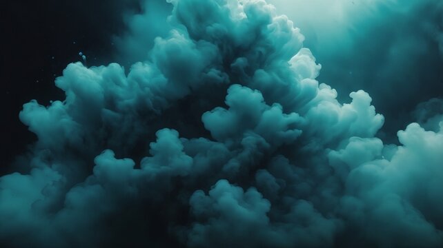 A dramatic display of teal colored clouds against a dark backdrop creating an atmospheric scene visually striking - Powered by Adobe
