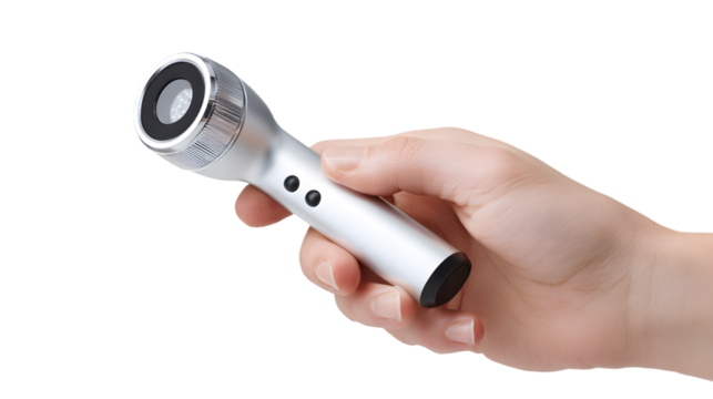 A hand holding a silver dermatoscope with black buttons and a black lens on a black background