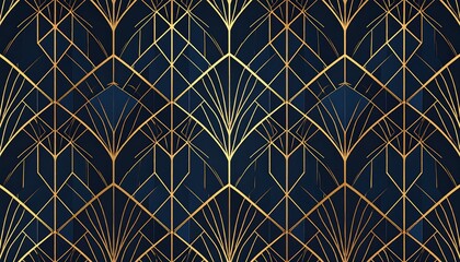 Abstract art deco pattern with gold lines on a dark blue background