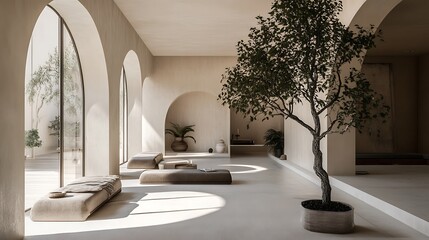 Beige interior design with arches, tree, and daybeds for relaxation and a minimalist aesthetic home decor