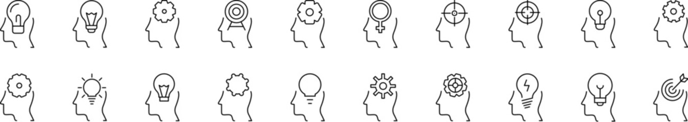 Collection of Thoughts Related Line Icons. Target, Gear, Lamp in Head Outline Signs for Graphic and Web Design, Apps, Adverts, Various Cards