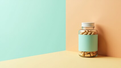 Ashwagandha Capsule. Glass bottle with beige capsules on pastel backgr