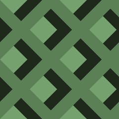 A geometric pattern featuring a series of interlocking squares and diamonds in shades of green and black creates a striking visual design. 