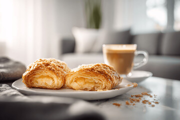 Flaky apple chausson with coffee on cozy elegant coffee table