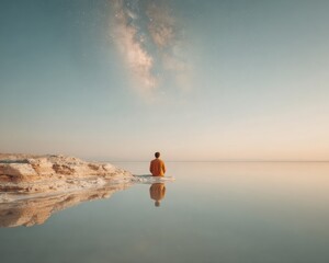 Inspiring Solitary Figure by Calm Lake Under Milky Way Sky Premium Modern Lifestyle Content for Mindfulness Marketing and Social Media Campaigns