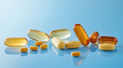 High-quality medical imagery showing assorted capsules and tablets on a clean blue background to convey themes of treatment, care, and science
