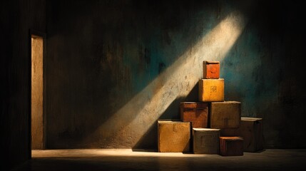 Stacked boxes in a dimly lit room, illuminated by a single light source