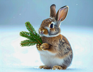 A close-up of an adorable little rabbit or bunny standing in the snow. It holds a green spruce branch in its paws. In the background is a blurry, light winter landscape with softly falling snow, creat