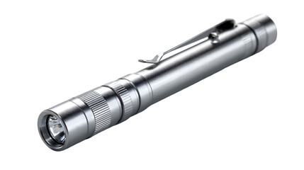 Fototapeta premium A silver flashlight with a clip on a black background in a horizontal orientation and good lighting