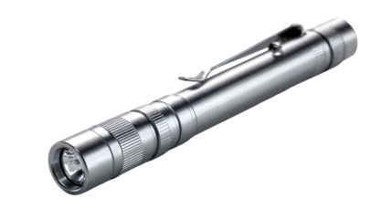A silver flashlight with a clip on a black background in a horizontal orientation and good lighting