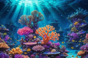 Obraz premium A vibrant coral reef ecosystem teeming with colorful coral formations and small yellow striped fish swimming around