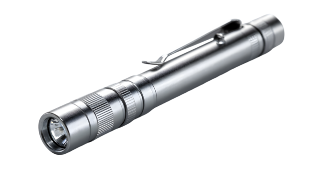 A silver flashlight with a clip on a black background in a horizontal orientation and good lighting