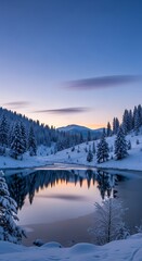 Fototapeta premium Serene Winter Lake Reflection with Snow-Covered Trees at Dusk