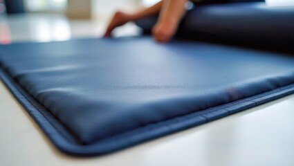 Vr Mat. Acupressure Wedge Pillow Pelvic floor therapy Foot Massage Grounding bed Therabody Eight Sleep Saatva Comfier Close-up blue yoga texture with blurred person stretching