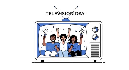 People celebrating television day isolated on white background