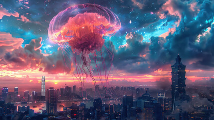 Surreal giant jellyfish floats above a futuristic city skyline at sunset with vibrant clouds