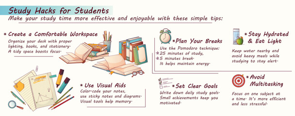 Colorful infographic “Study Hacks for Students” with vector illustration of books and stationery. Practical tips for learning, focus, and productivity. Study, education, school concept.