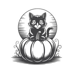Black kitten on pumpkin with circular background black cat halloween
