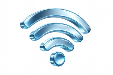 Metallic blue wifi icon symbolizing wireless network connectivity against transparent backdrop