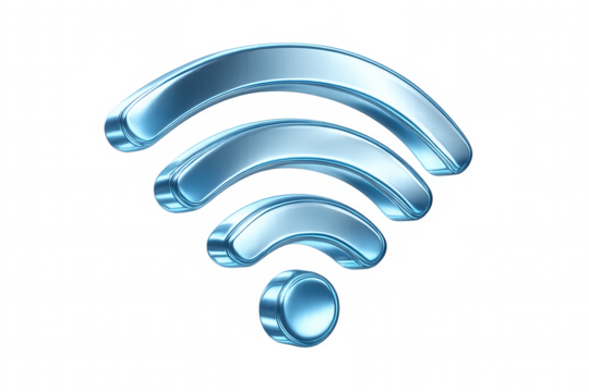 Metallic blue wifi icon symbolizing wireless network connectivity against transparent backdrop