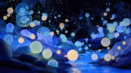 Ethereal glowing orbs floating over a serene blue river under a starry night sky, creating a magical atmosphere