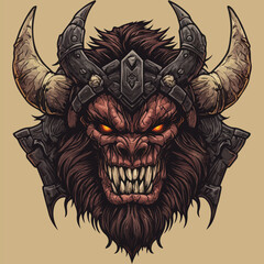 Furious Dark Demon Head Illustration with Massive Horns and Aggressive Snarl. Mythical Monster Portrait.	