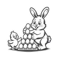 Obraz premium Bunny and chick with pyramid of eggs easter