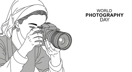 A woman is taking a photo for world photography day isolated on white background