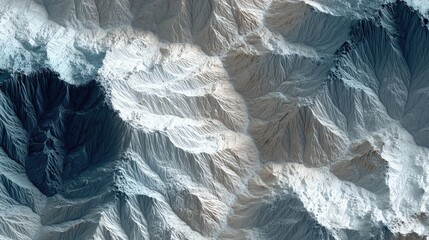 High-angle view of rugged, icy mountains