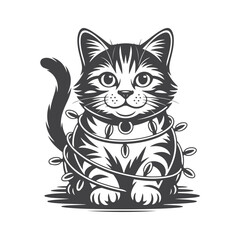 Fototapeta premium Adorable tabby kitten entangled in festive lights domestic cat animal