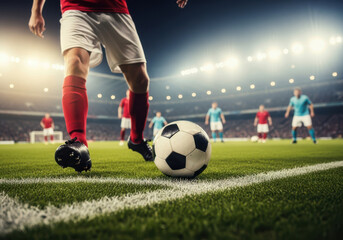 Obraz premium Soccer player prepares to kick the ball during a night game under stadium lights
