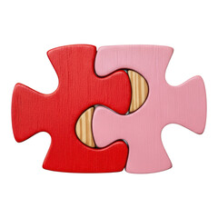 Obraz premium Two interlocking wooden puzzle pieces isolated on transparent background