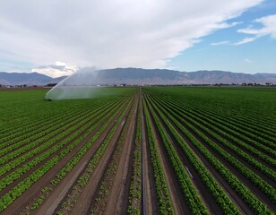 Aerial view of a vast, meticulously organized agricultural field being irrigated by a center-pivot sprinkler system