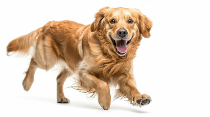 Cheerful Golden Retriever Dog Wagging Its Tail Eagerly on White Background Side View