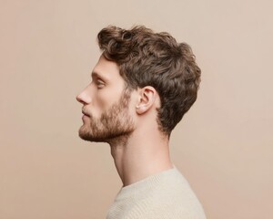Obraz premium Modern stylish young man with fade haircut and subtle stubble profile portrait premium authentic grooming content for male fashion advertising campaigns