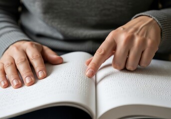 Obraz premium Closeup of a person reading a book in braille with their finger