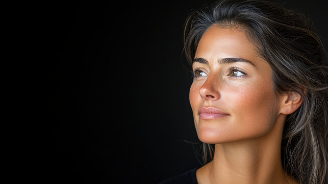 Thoughtful woman with natural beauty gazing into distance against dark background