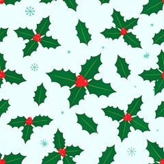 Christmas holly pattern on light blue background